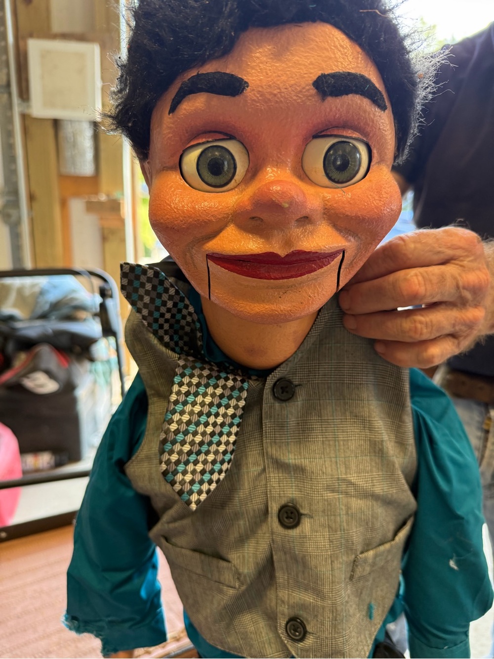 Vintage Style Teal and Gray Ventriloquist Doll Puppet